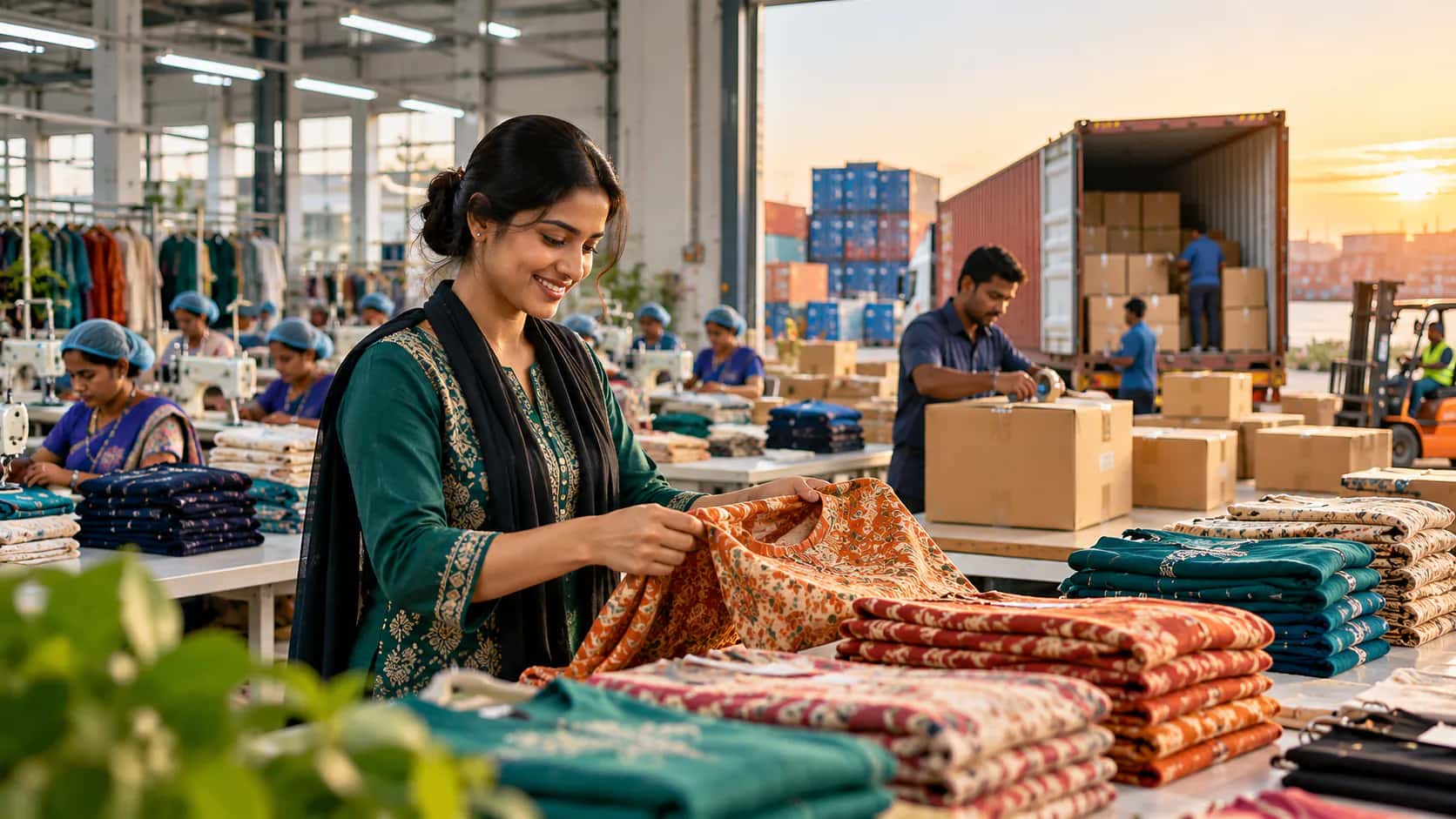 Garment export factory: a worker inspects printed shirts while cartons are loaded into a shipping container